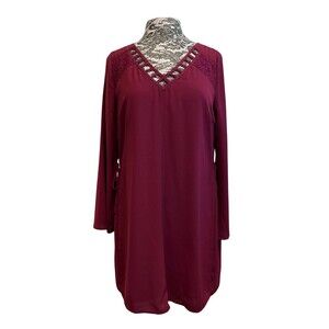 Skies Are Blue Burgundy Dress Short Shift Bell Sleeves‎ Cutout Flowy Lace Ties M
